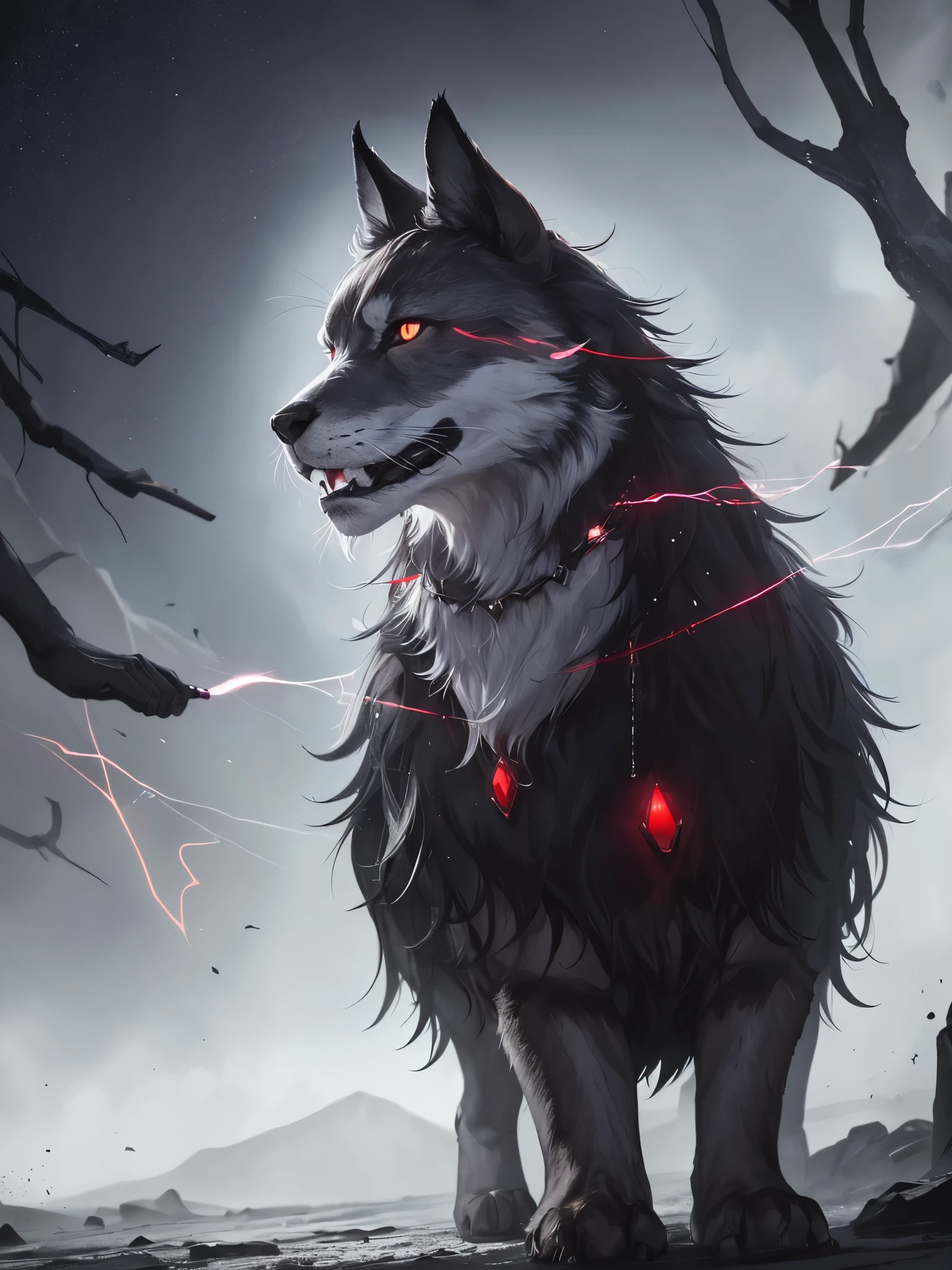 Imagen extremadamemte detallada,obra maestra,la mejor calidad,relismo extremo con mucho detalle,lobo de 6 cabezas,surgiendo de la oscuridad,en una ciudad de los 60 estremadamemte siniestra,lobos con pelaje grueso y negro,ojos rojos y penetrantes que brillan en la oscuridad,dark and guttural growl,postura de ataque,perfil derecho,