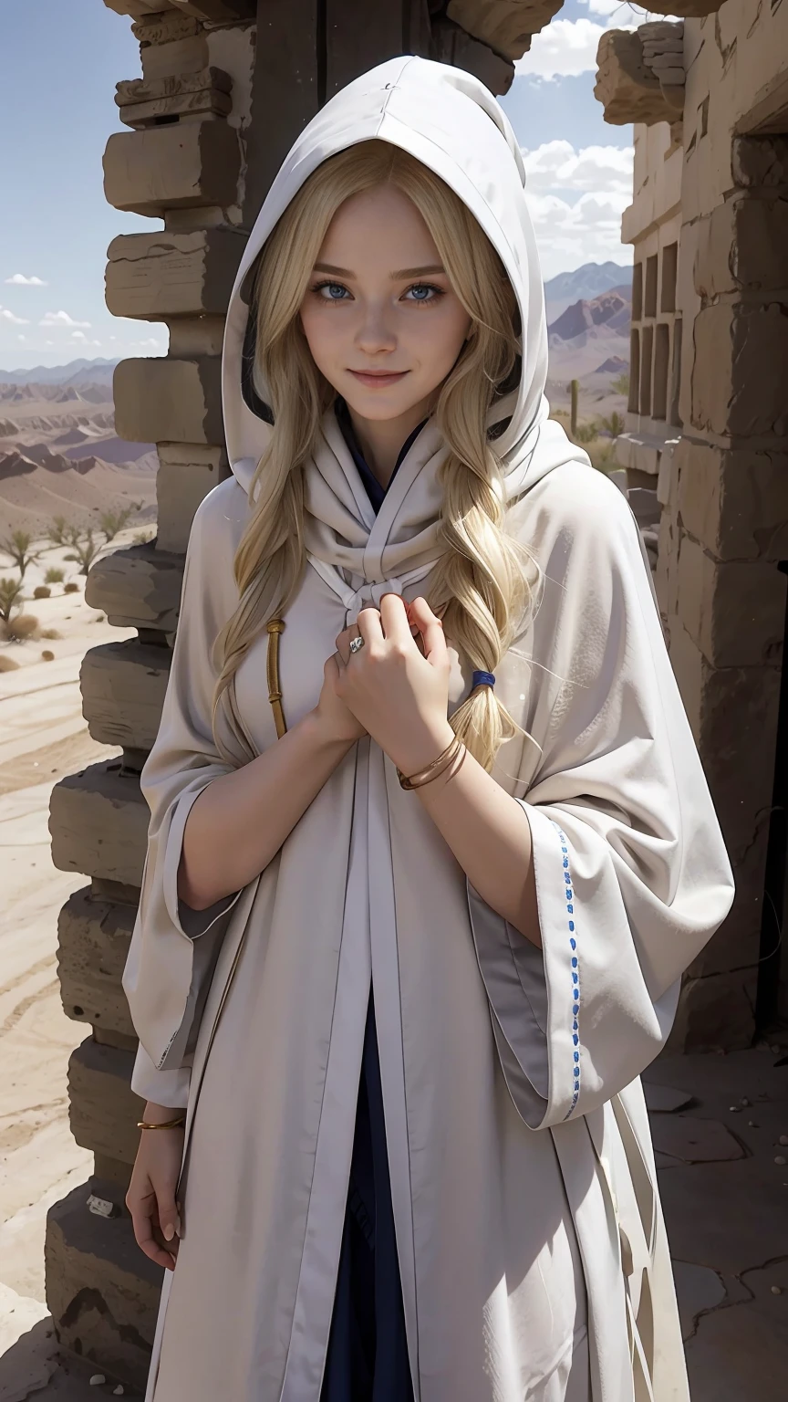 22 year old white female、hair color is blonde、blue eyes、long hair、The ends of the hair are wavy、hair is set、accessories on wrist、wears a cloak that covers the entire body、wearing a hood、wearing a muffler、covering the mouth with a muffler、Inside a ruin lined with columns in the desert、smile、hand on stone pillar