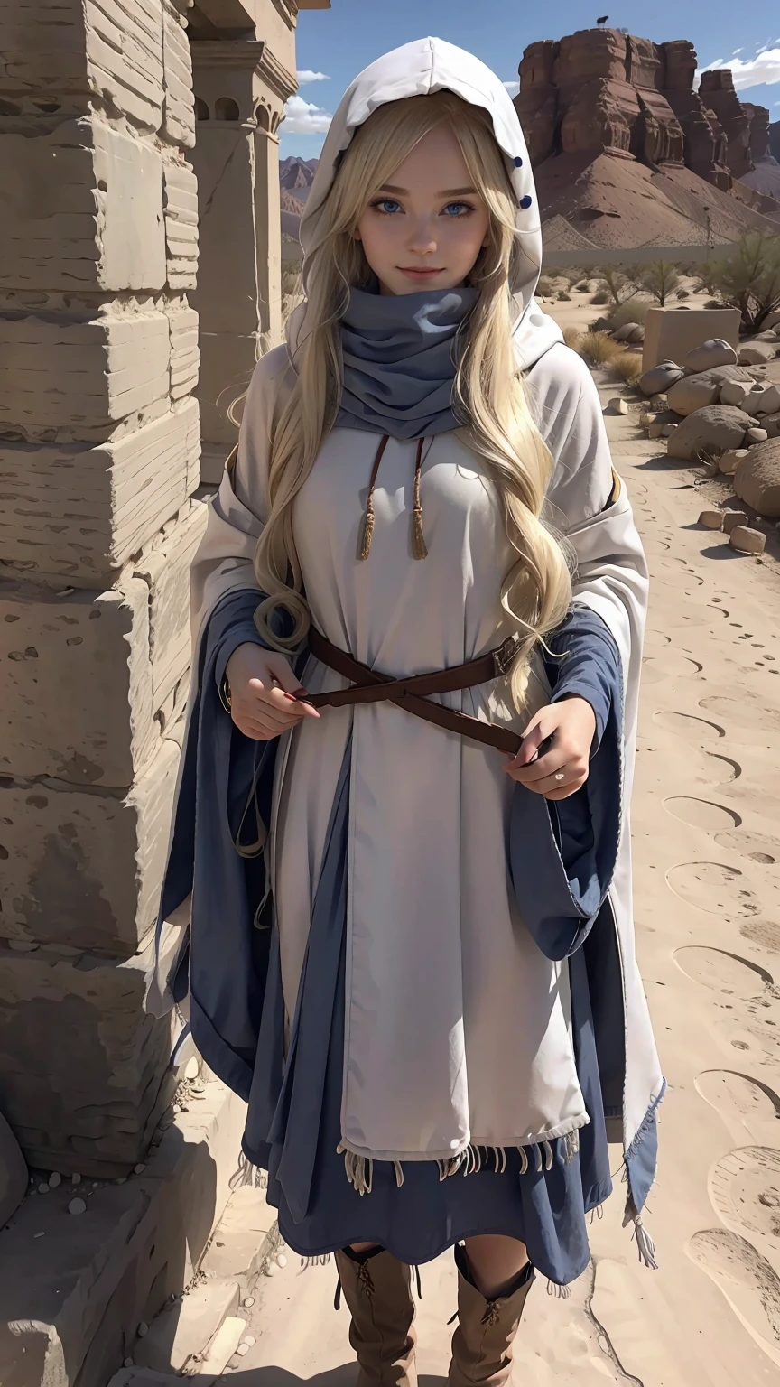 22 year old white female、hair color is blonde、blue eyes、long hair、The ends of the hair are wavy、hair is set、accessories on wrist、wears a cloak that covers the entire body、wearing a hood、wearing a muffler、covering the mouth with a muffler、Inside a ruin lined with columns in the desert、smile、hand on stone pillar