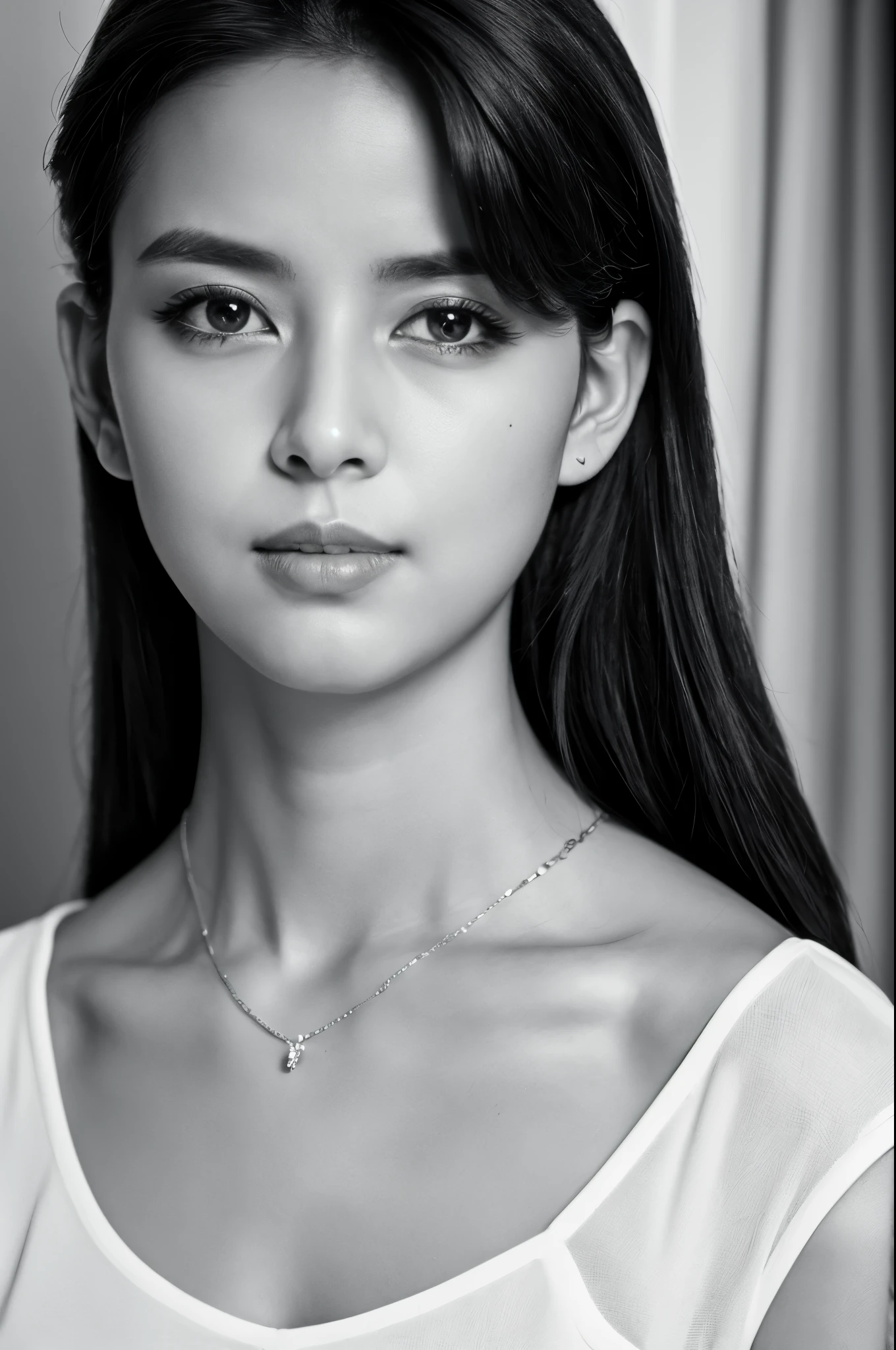 masterpiece, Best Quality, Photorealsitic, Ultra-detailed, finely detail, high resolution, 8k wallpaper, Professional, high level of detail, ((Monochrome photography)), 1girl in, ((Facing the front)), ((Vermilion lips)), Detailed clavicle, face perfect, straight haired