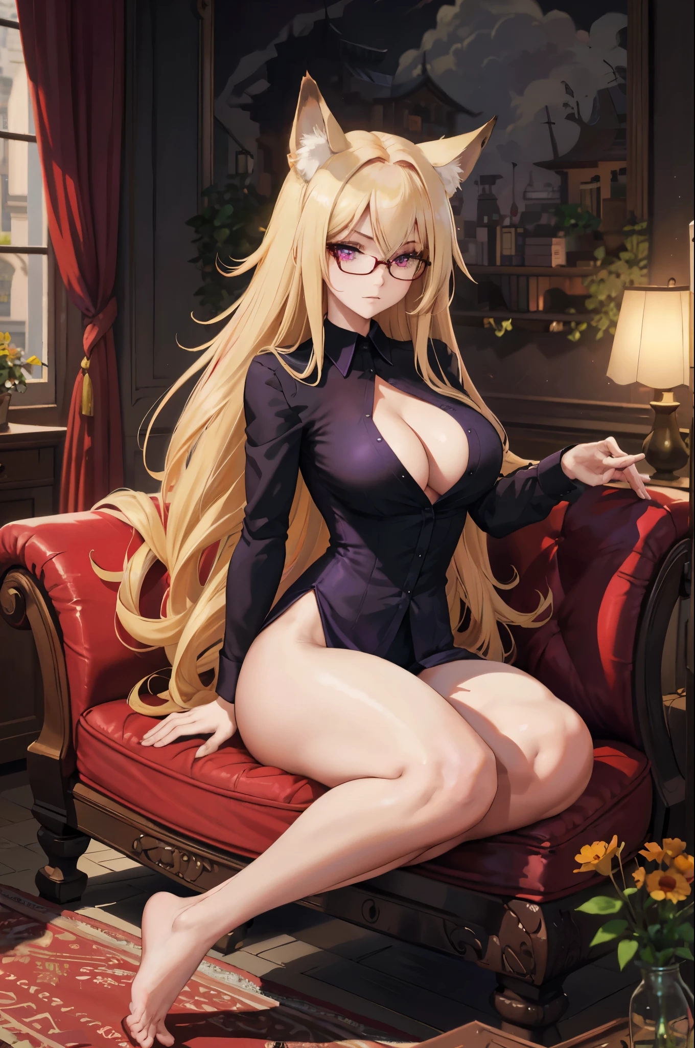 masterpiece, best quality, finely detailed, 1girl, (brunetong hair), (hair down), (pale ivory skin), cute, (red eyes), (eyelashes), (huge breasts), (cleavage), (black sheer shirt:1.2), (red highlights in hair ), sitting on a sofa, lamp, window, night, delicate interior design, ((large breasts:1)), vampire, gothic, fantasy, ((full body)),  masterpiece, best quality, purple eyes, long blonde hair, fox girl, animal ears, blonde hair, fox ears, glasses, 21 years old, big purple eyes, 