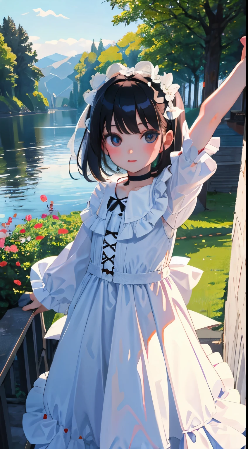 turn around，，（masterpiece，Top quality)，White Lolita Clothes，black hair，Summer Classroom，Lakeside