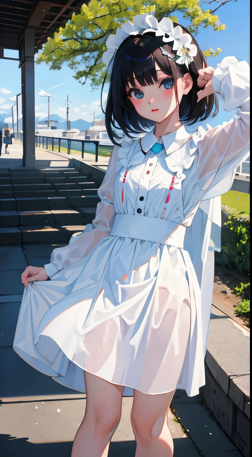 turn around,child,(masterpiece,Top quality),White ta Clothes,mini skirt,black hair,Summer Classroom,Lakeside