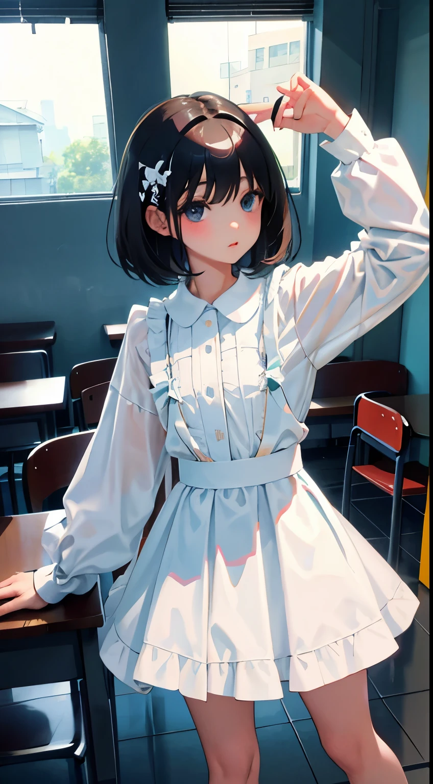 turn around，child，（masterpiece，Top quality)，White Lolita Clothes，mini skirt，black hair，Summer Classroom，Lakeside