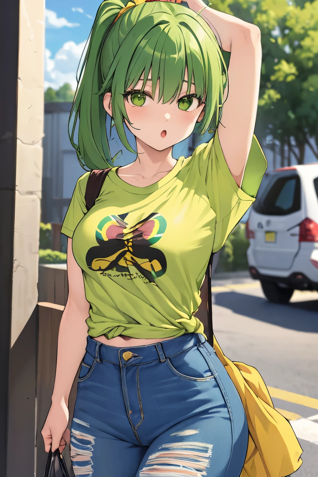 masterpiece, best quality, Ultra-high detail,  above the eyes, 1boy, 1Girl, Mion Sonozaki, green hair, green eyes, ponytail, yellow tshirt, clothes around the waist, jeans