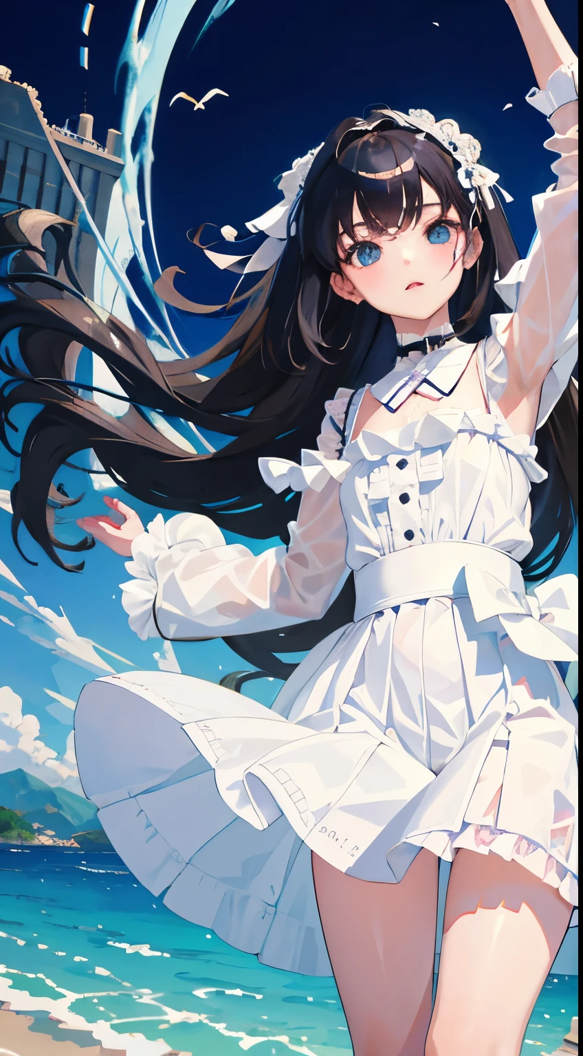 turn around,child,(masterpiece,Top quality),White Lolita Clothes,mini skirt,black hair,Summer Classroom,Lakeside