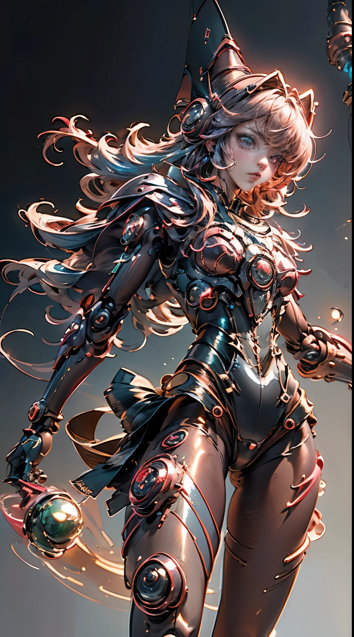 (Masutepiece,extremadamente detallado, Mechas pesadas, superficie dura),(Arte conceptual:1.1),(shielded core style:0.8), A woman in robo ninja armor is standing.,(cuerpo rojo:1.1),(patas largas:1.1),(Equipado con sable y cadena.:1.1),(Un ojo detallado:1.3),(Una cara detallada:1.3),(Armas detalladas:1.3),(Cuerpo detallado:1.3),((cuerpo completosbian:1.5)),(The background is a crimson flame.:1.5),realista