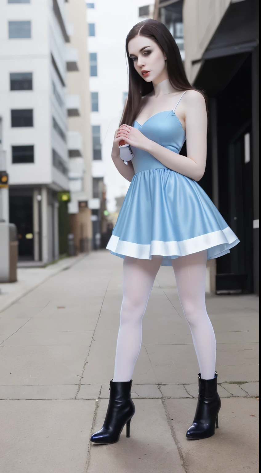 Show entire body, feet in view, "An ultra-detailed 8k masterpiece best quality and high saturation, Emma Stone, wearing a tight skirt outfit, pantyhose, including tight open shirt, F cup, white sneakers, outdoors