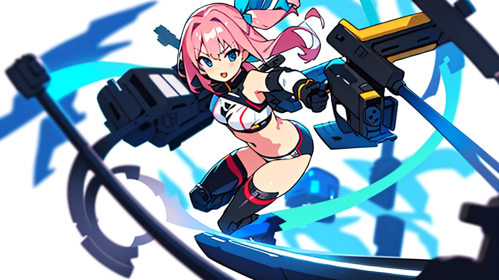 (colorful, shiny,  transparent background, masterpiece, best quality, 1girl, shiny hair:1.2),  robot girl, future machine armor, machine wings, long hair, jet on shoulders, solo, one eye closed, weapon, open mouth, pink hair,  smile, full body, holding weapon, jumping, holding, breasts, thighhighs, gloves, elbow gloves, looking at viewer, leotard, headgear, bangs, bare shoulders