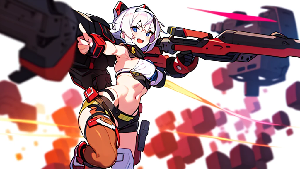 (((8k, masterpiece, Best Quality, top-quality)), solo female, standing, (((white background))), character focus, fantasy clothes, character design, shorts, holding weapon,