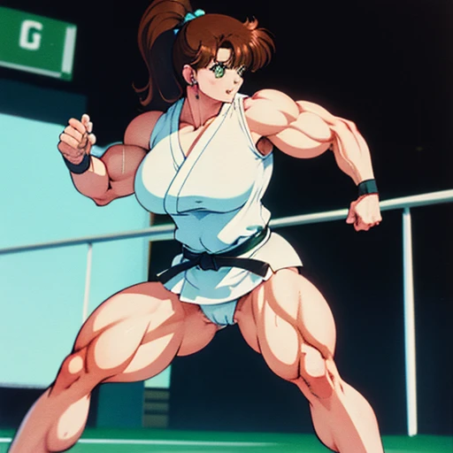 Makoto im Karate, Black belt karate gi, Barefoot, muscular physique, Makoto macht Bodybuilding, Huge muscular biceps, Breite, muscular shoulders, Bauchmuskeln, Abs, Her big muscles rip through her karate gi, Full body image, Meisterwerk, Highest details, high resolution 