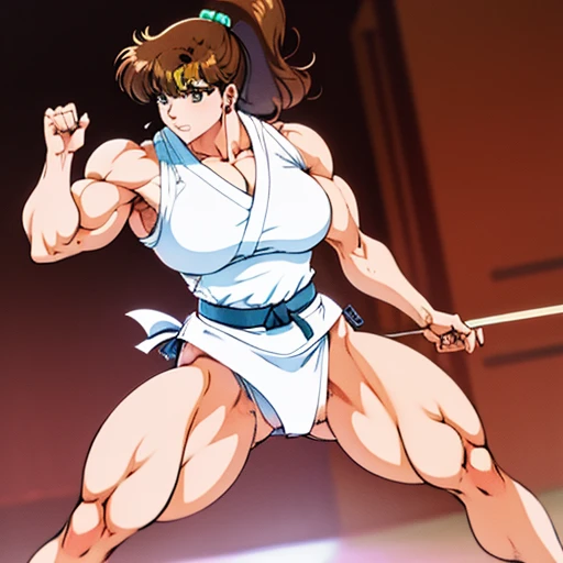 Makoto im Karate, Black belt karate gi, Barefoot, muscular physique, Makoto macht Bodybuilding, Huge muscular biceps, Breite, muscular shoulders, Bauchmuskeln, Abs, Her big muscles rip through her karate gi, Full body image, Meisterwerk, Highest details, high resolution 