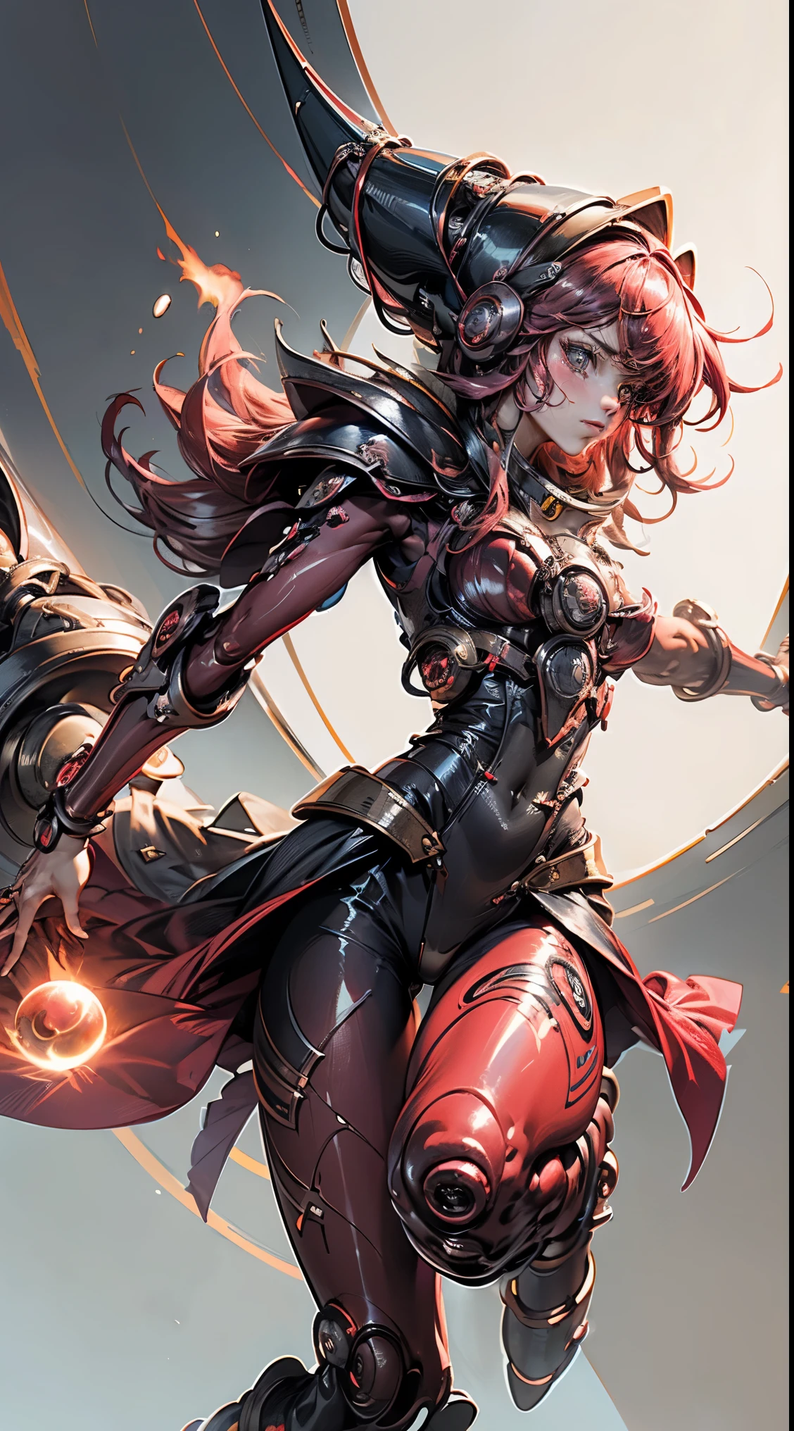 (Masutepiece,extremadamente detallado, Mechas pesadas, superficie dura),(Arte conceptual:1.1),(shielded core style:0.8), A woman in robo ninja armor is standing.,(cuerpo rojo:1.1),(patas largas:1.1),(Equipado con sable y cadena.:1.1),(Un ojo detallado:1.3),(Una cara detallada:1.3),(Armas detalladas:1.3),(Cuerpo detallado:1.3),((cuerpo completosbian:1.5)),(The background is a crimson flame.:1.5),realista