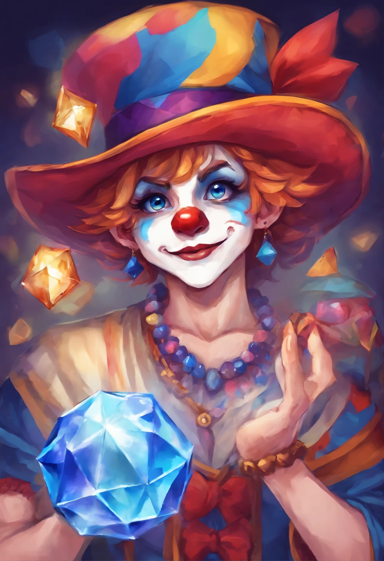 Perform a circus clown holding a blue crystal in one hand, Your expression should convey confidence 