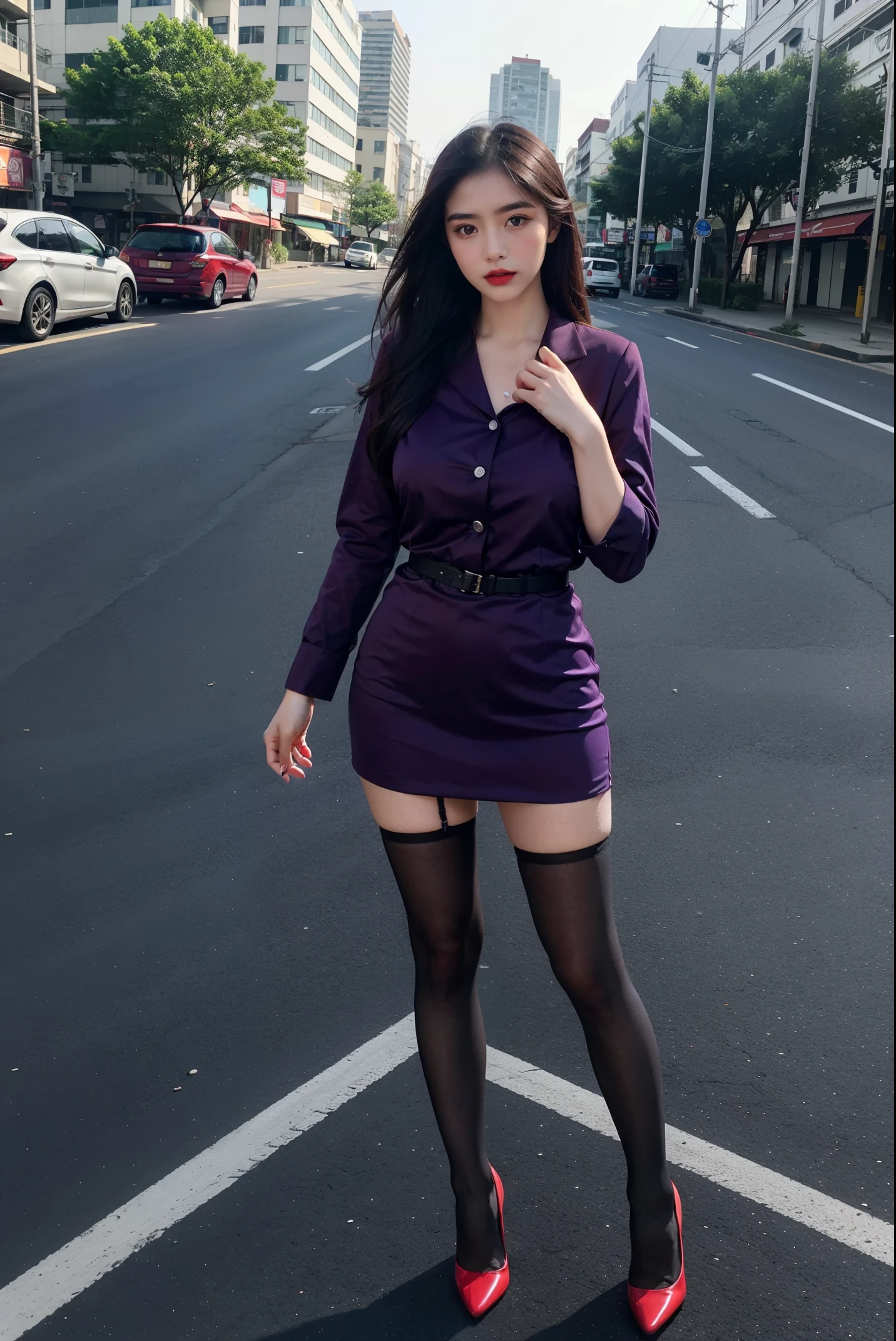 best quality, full body picture, delicate face, beautiful face, Thai woman 16yo, Dark makeup, Sharp eyebrows, red lips, Slim shape, big breasts, Purple uniform for office ladies, office clothes, sepia stockings, red stilettos, outdoor scene, In the middle of the road there is a car., Bangkok, Exceptionally clear，realistically
