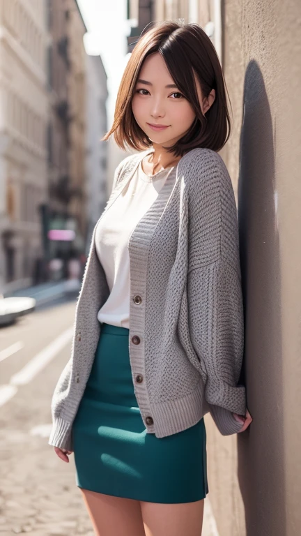 best quality、muste piece、good hand、fashionable clothes、Knit cardigan and knit tight skirt、shy smile