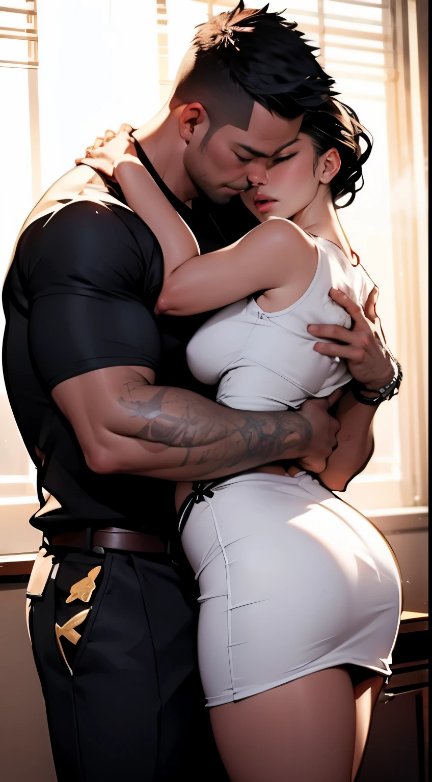 (best quality, 4k, 8k, high resolution, masterpiece:1.2), over-detailed, (realistic, photorealistic, photorealistic-realistic:1.37), intimate, frank, exciting, unbridled emotions, deep connection, smooth movements, moans, sweaty bodies, ecstatic pleasure, expressions filled with pleasure, skin-to-skin contact, seductive eye contact, prominent muscles, lustful desires, electrifying chemistry, undressing, passionate hugs, teasing whispers, gentle touches, captivating gaze, orgasmic bliss, delightful beauty, intertwined limbs, seductive atmosphere, lustful energy, bright colors, soft lighting, artistically composed, desirable curves, irresistible charm, undeniable attractiveness, pleasure-inducing poses, 1boy, 1girl, young guy having sex with a girl, missionary standing pose (NSFW:1.37), a girl in a short skirt is sitting on a table (skirt is up), a girl bends her leg at the knee, gently moans from voluptuousness, gentle hugs, excitement, a guy holds a girl by the hip, in a fit of passion almost all clothes are off, a dick is already in the pussy, juice oozes from the pussy, energetic frictions, they merge in a loving Ecstatic, the girl throws her head back in bliss, a beautiful curve of her neck, long hair hanging down,