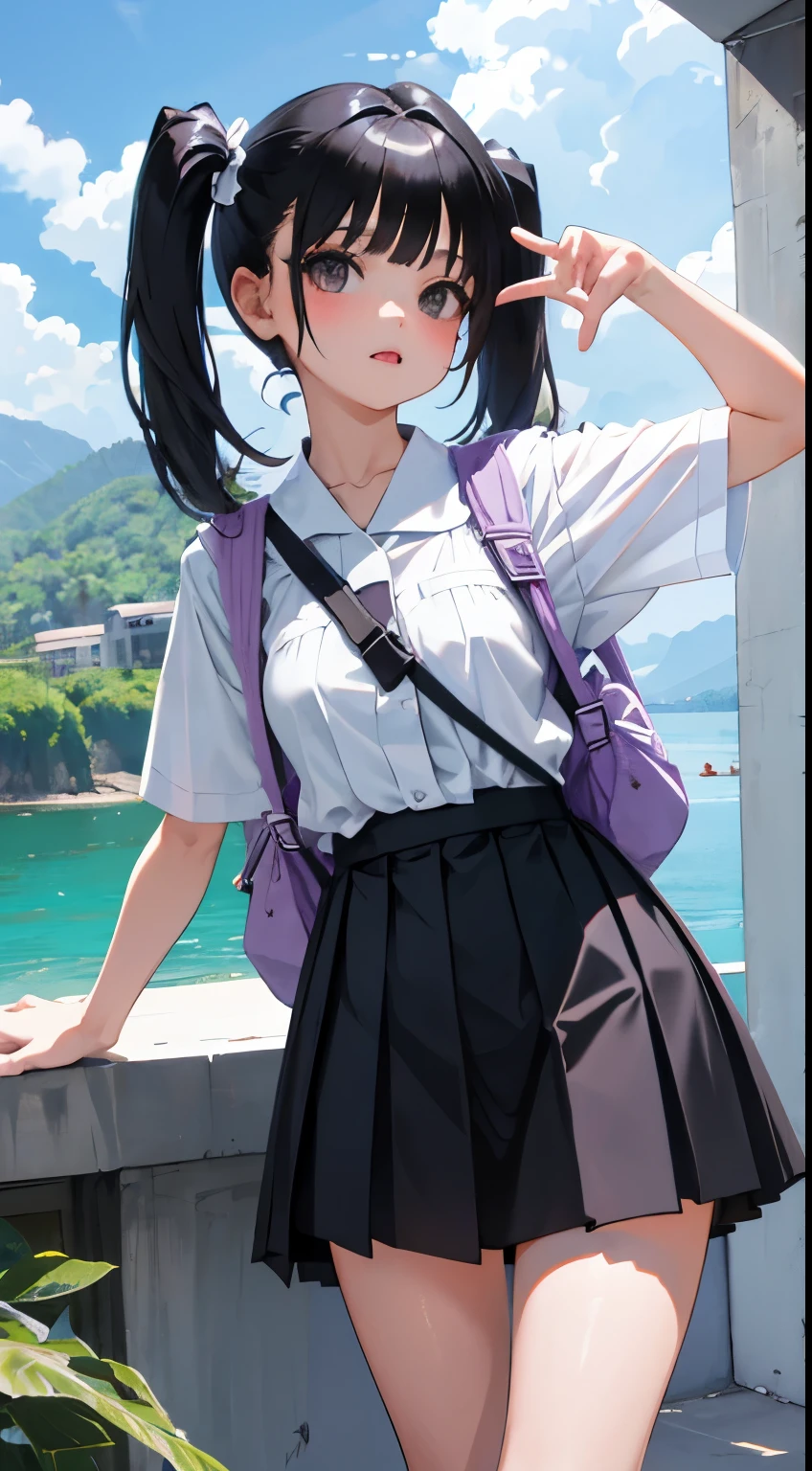 turn around,(child),(masterpiece,Top quality),Light Grape Pleated Mini Skirt,White rucksack,short sleeve,black hair,twin tails,Summer Classroom,Lakeside