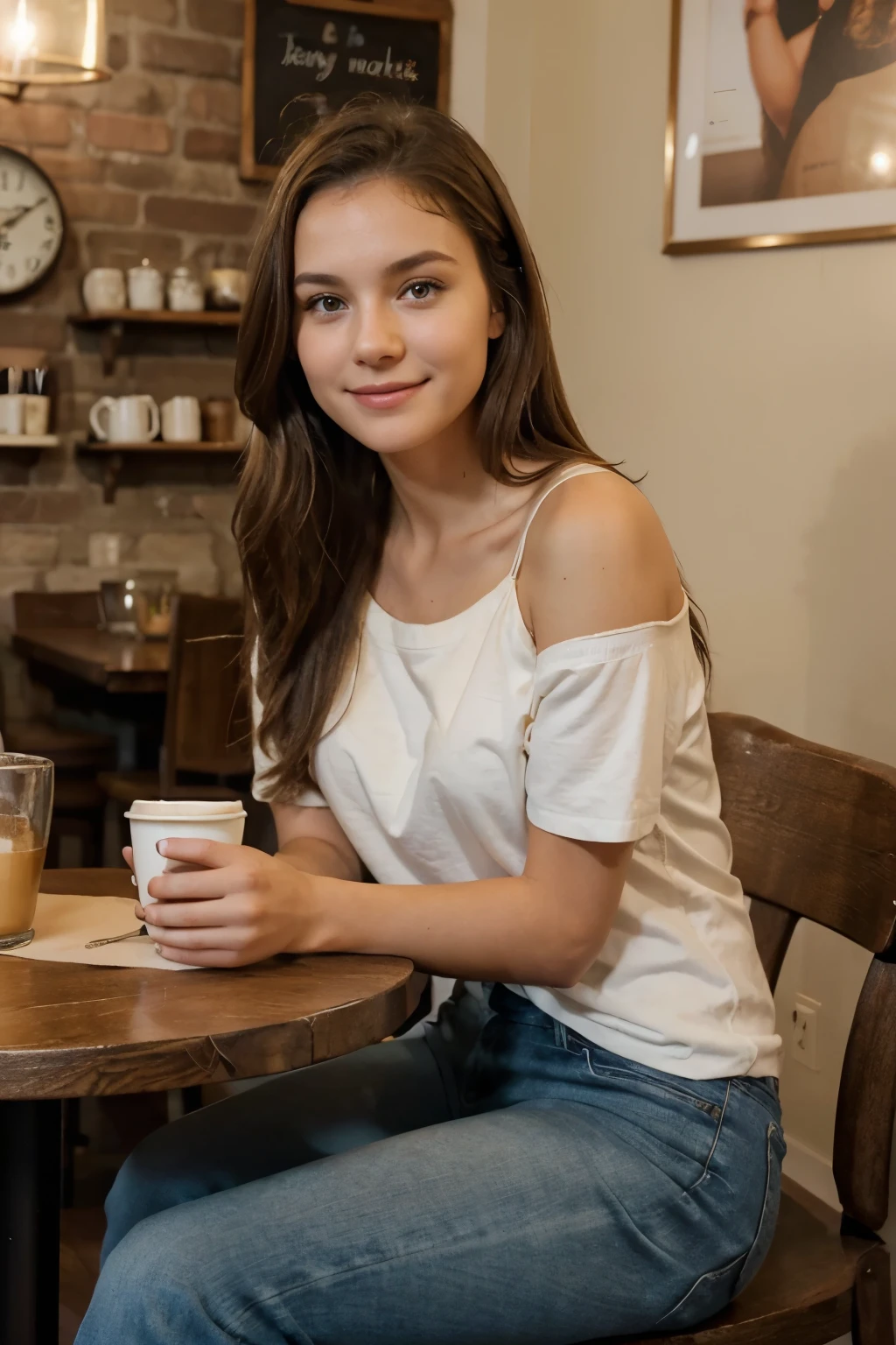 A realistic portrait of a young woman in her early twenties, embodying an approachable and friendly demeanor. She has shoulder-length brown hair, a warm smile, and wears casual, neat attire - a comfortable t-shirt paired with jeans. The setting is a cozy café with soft lighting in the background, highlighting her as she sits at a table with a cup of coffee. Her expression is one of gentle attentiveness, as if she's ready to engage in a pleasant conversation. The image captures a sense of warmth and approachability, resonating with the character's personality as a nursing student who enjoys volunteering, hiking, and reading.