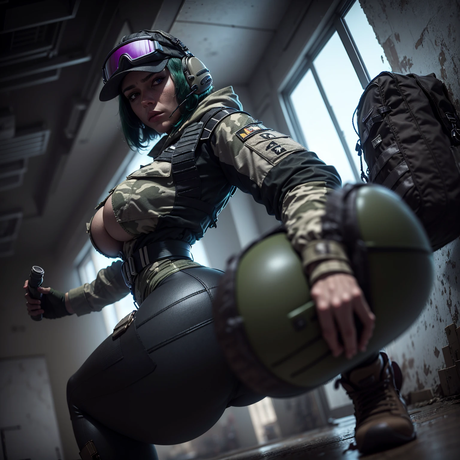 ela_(rainbow_six_siege), masterpiece, best quality, 1girl, camouflage, solo, green hair,, cuerpo completo , grandes tetas, gran trasero, voluptuoso, piernas abiertas , pose sexy , escote , Christmas hat , Christmas Clothes, nieve , christmas lingerie, christmas coat , christmas stockings , christmas heels