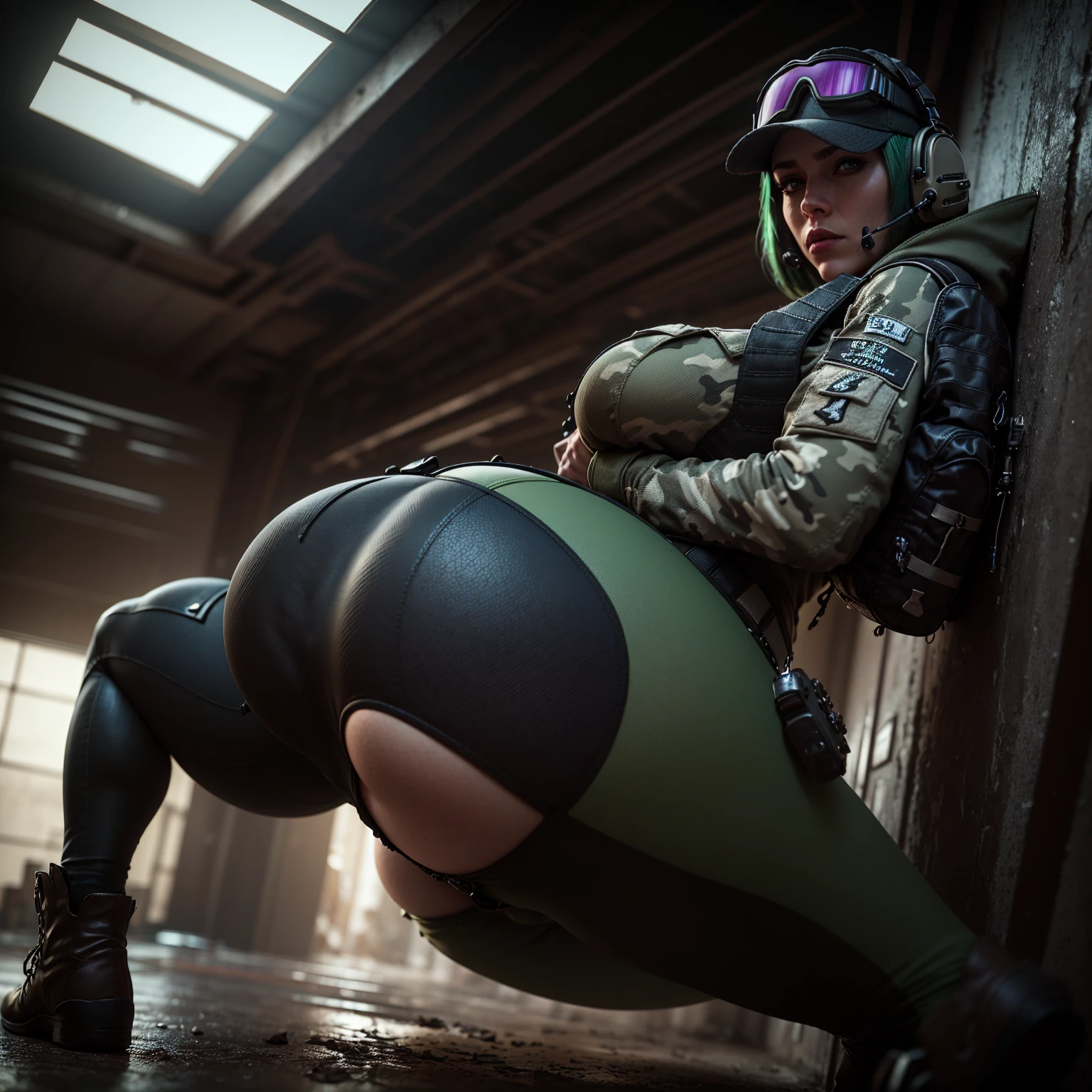 8k portrait of ela (rainbow six siege)
, camouflage, solo, green hair, backpack, boots, hat, goggles, goggles on headwear, pants, looking at viewer, jacket, hood, bag, short hair, headset, blue eyes, camouflage jacket, gloves, holster, hood down, thigh holster, radio antenna, military, headphones, leggingull body)), piercing eyes, looking at the viewer, dynamic pose, ((thighig tits:1.0), looking back, (huge ass:1.4)
, best quality, (photo-realistic:1.2), looking at the viewer, film grain, construction site scene, construction site background, debris, low angle
, dark scene, rim lighting, two tone lighting, dimly lit, low key hdr,