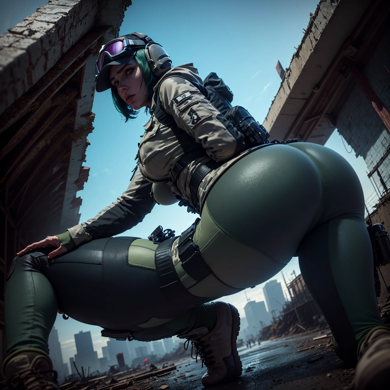 8k portrait of ela (rainbow six siege)
, camouflage, solo, green hair, backpack, boots, hat, goggles, goggles on headwear, pants, looking at viewer, jacket, hood, bag, short hair, headset, blue eyes, camouflage jacket, gloves, holster, hood down, thigh holster, radio antenna, military, headphones, leggingull body)), piercing eyes, looking at the viewer, dynamic pose, ((thighig tits:1.0), looking back, (huge ass:1.4)
, best quality, (photo-realistic:1.2), looking at the viewer, film grain, construction site scene, construction site background, debris, low angle
, dark scene, rim lighting, two tone lighting, dimly lit, low key hdr,