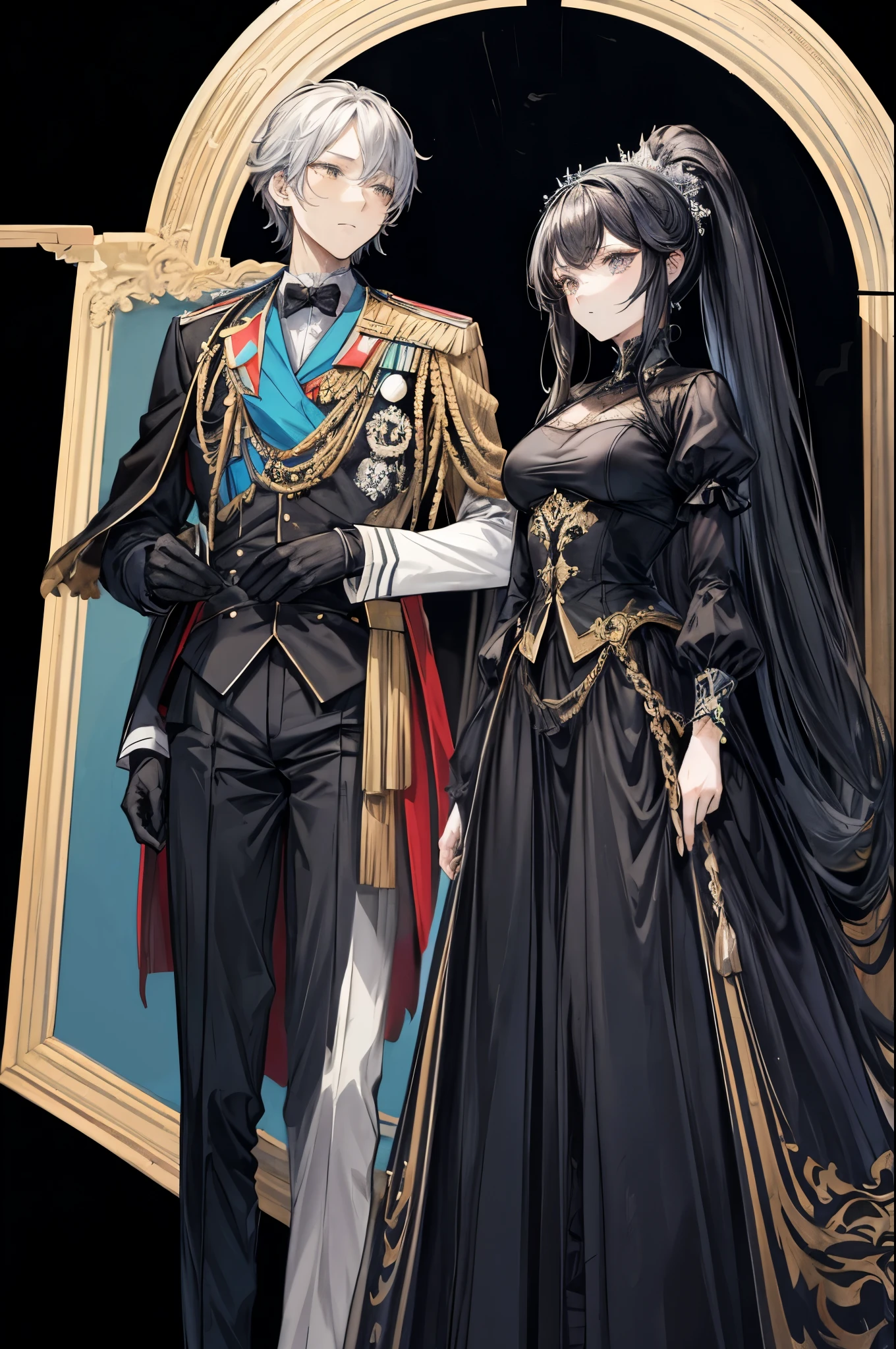 (flat color:1.1),(masterpiece:1.2), best quality, masterpiece, original, black silhouette figures of a royal man and woman