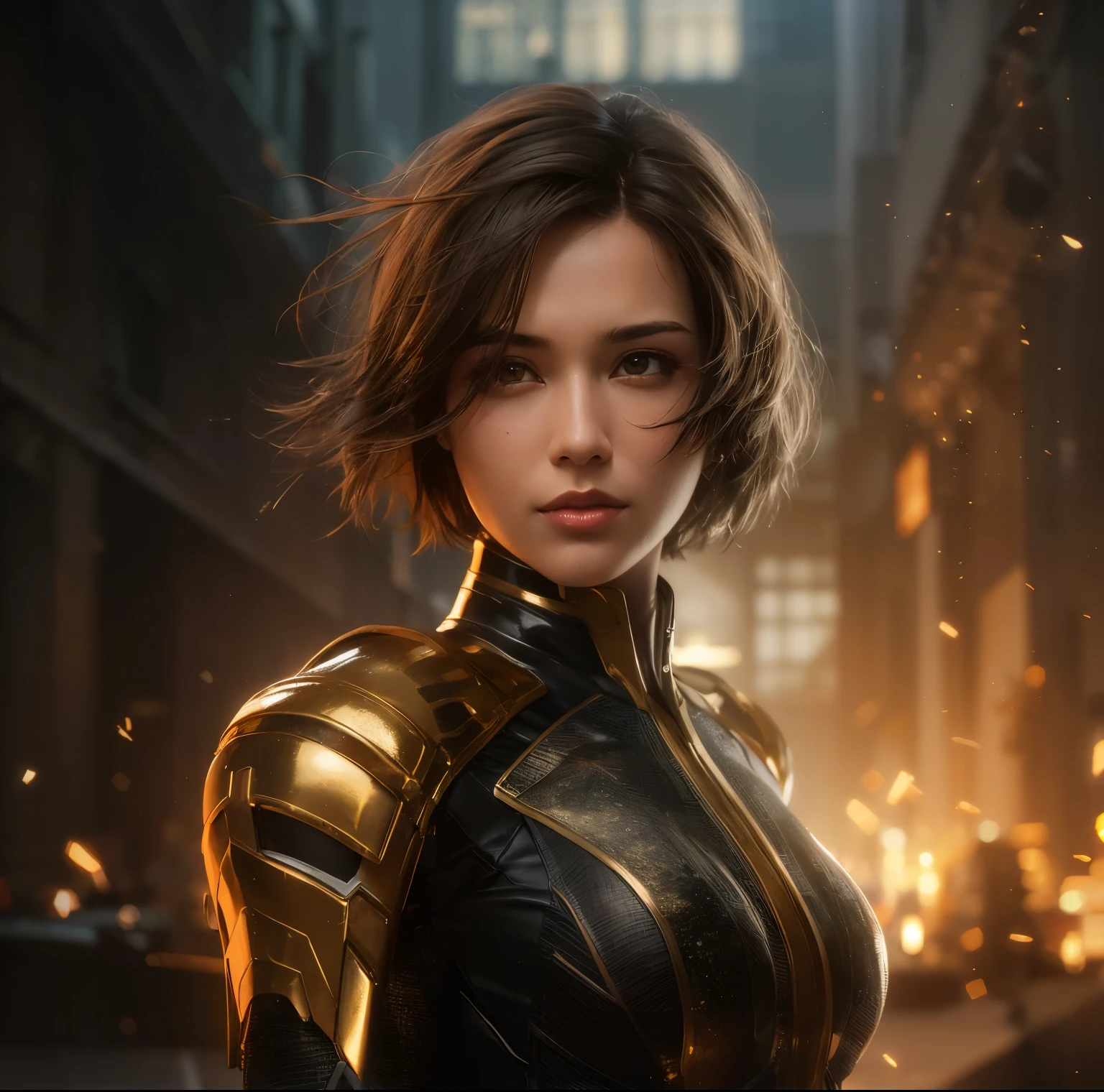 Superhero girl with short black hair (((golden hair highlights::1))) in sci-fi suit steel tatical armor