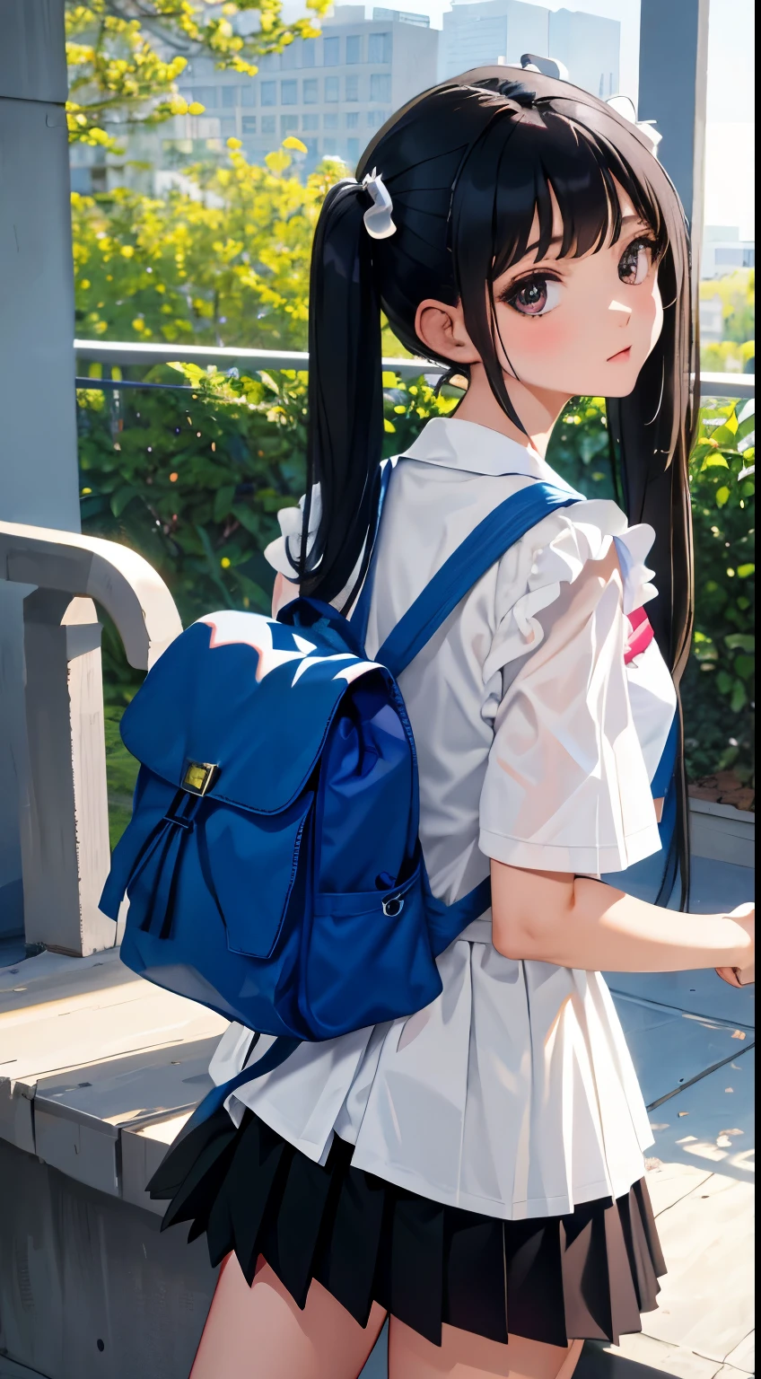 turn around，(child)，（masterpiece，Top quality)，Light Grape Pleated Mini Skirt，White rucksack，short sleeve，black hair，long twin tails，Summer Classroom，Lakeside
