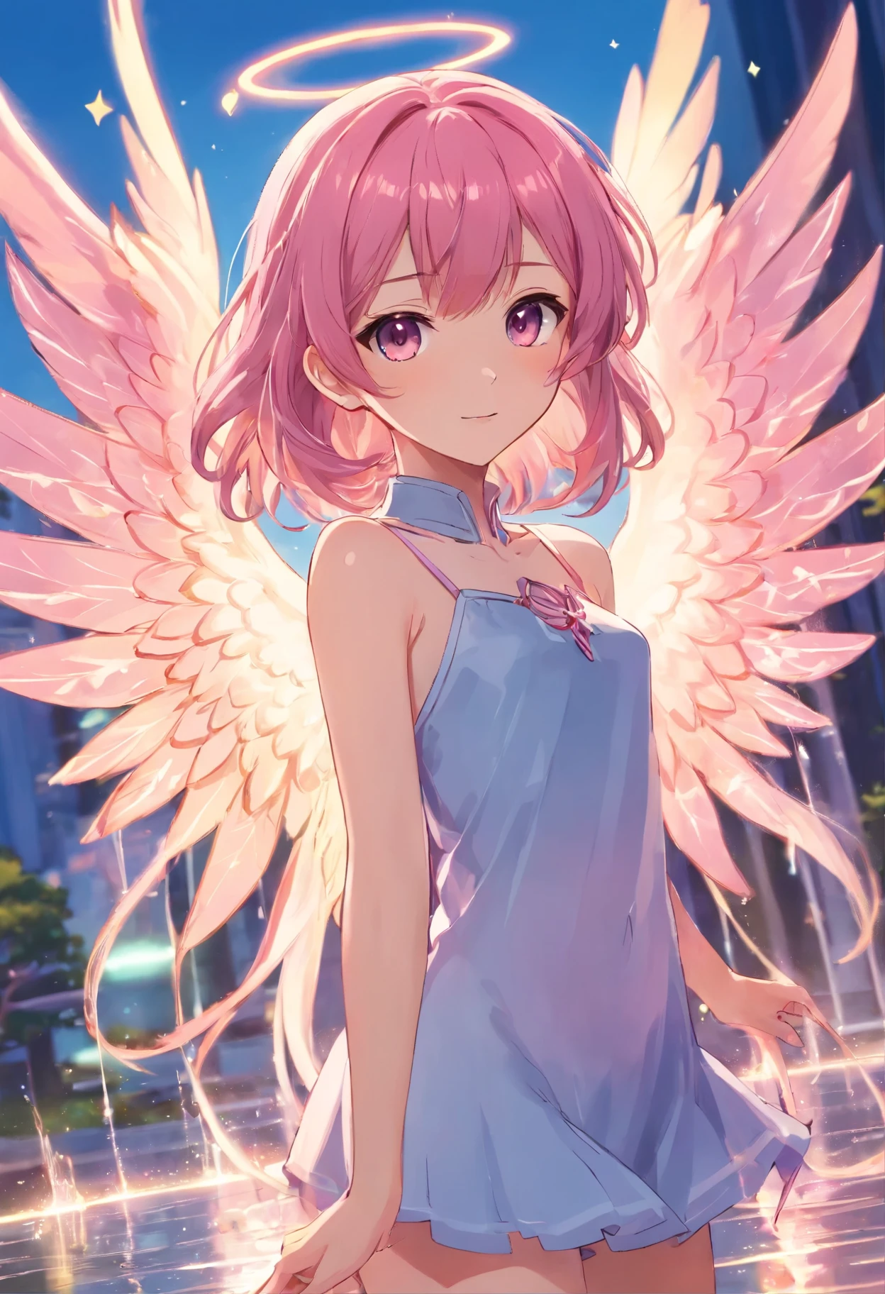 A princesy a fountain angel ((slender shape)) delicated face,age Girl, (((Full Body))) Pink bangs, long side burns, long pink hair in crystal bobbles head pieces ,((giggling)),Irridescent color Irridescent color, Designed by Dietrams, , Glows in high detail