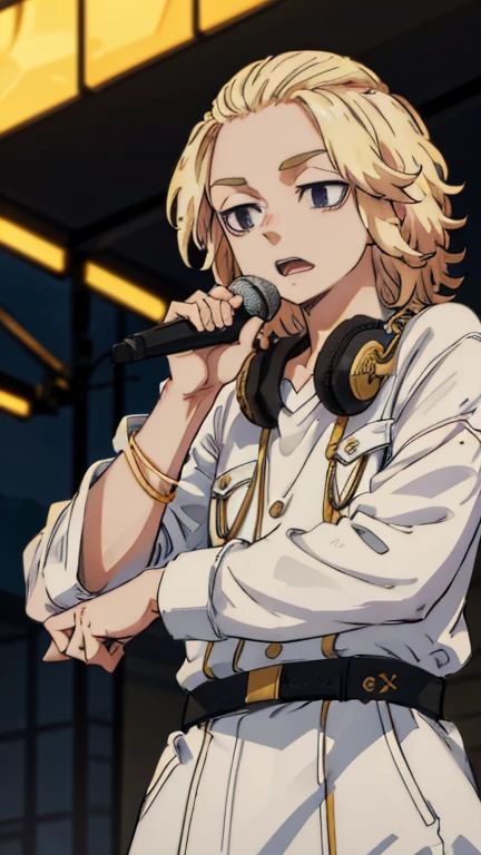 Mikey, 1boy, male focus, blonde hair, medium hair, black eyes, empty eyes, rapper, microphone, headphone, music, black  clothes ,white shirt, singing 