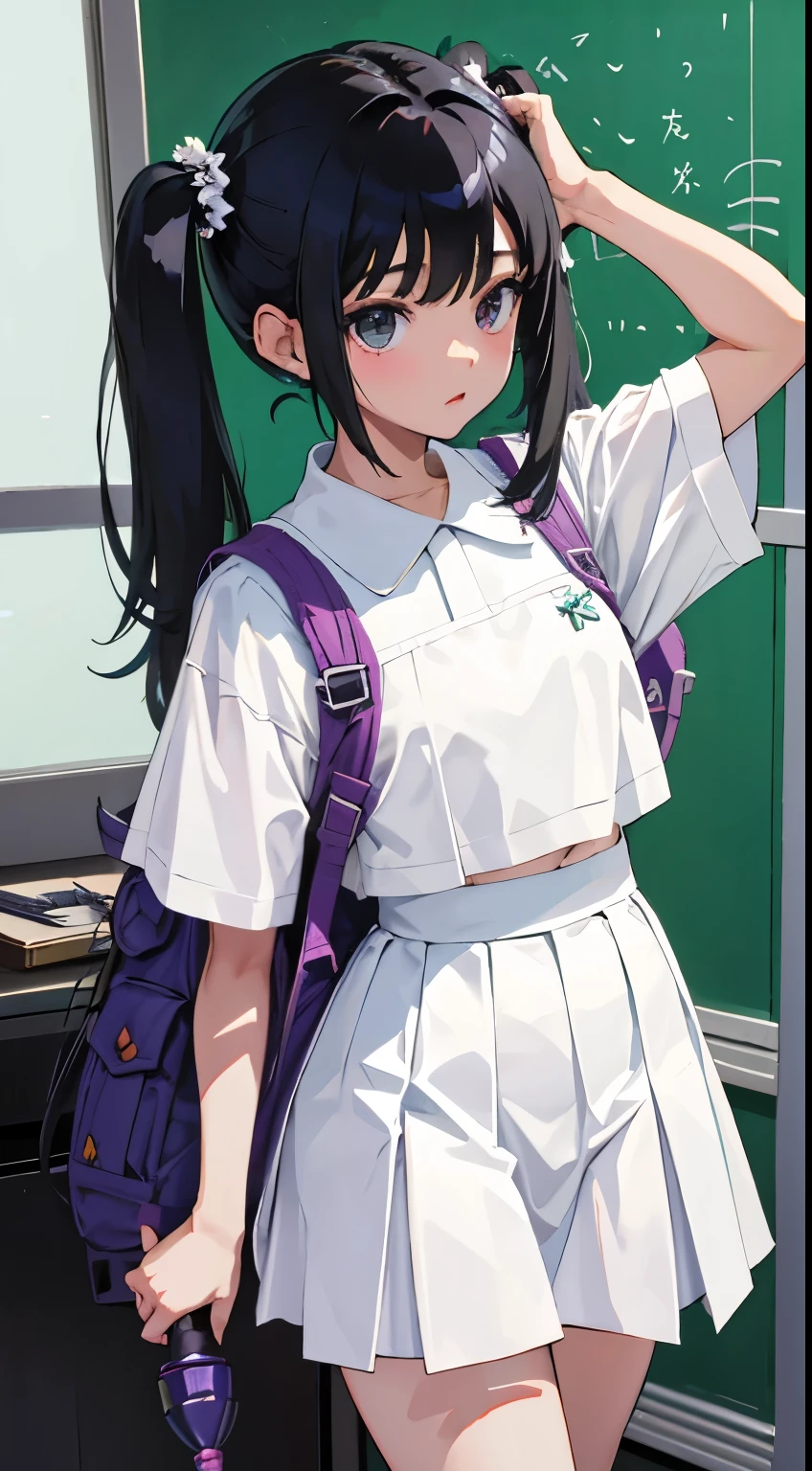 1girl, (masterpiece:1.1), (best quality:1.1), (white blouse:1.1), (plaid skirt:1.1), school uniform, high-waisted skirt, break [blue:pink:0.5] theme, (gradient background:1.1), cowboy shot, break colored hair, long hair, green eyes, delicate headdress, look to the side ,