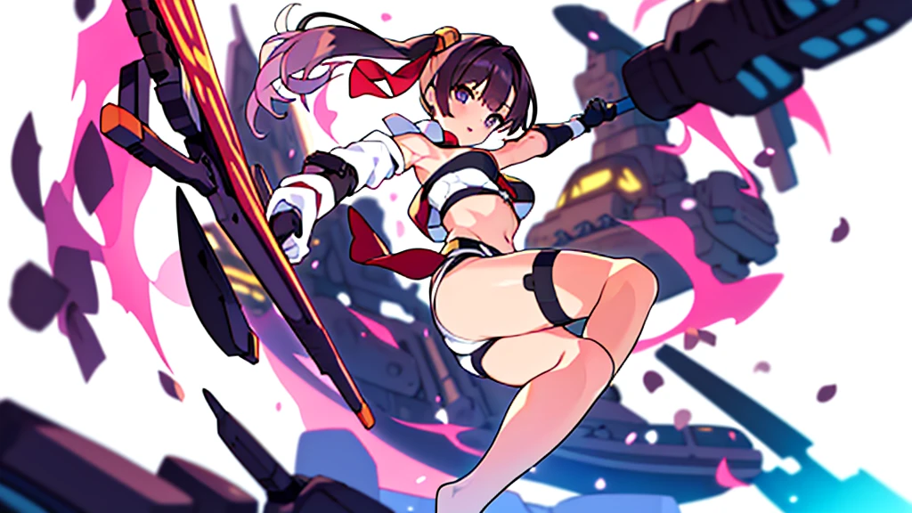 Anime girl , combat pose, (((blurry background))), ((white background)), character focus, bra top, lowleg panties, bare foot, bare shoulder, bare waist, solo,