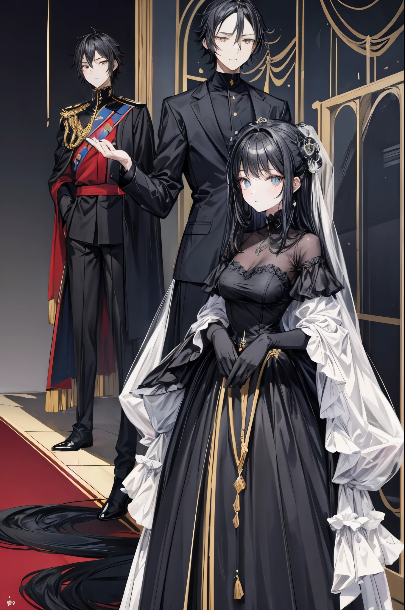 (flat color:1.1),(masterpiece:1.2), best quality, masterpiece, original, black silhouette figures of a royal man and woman
