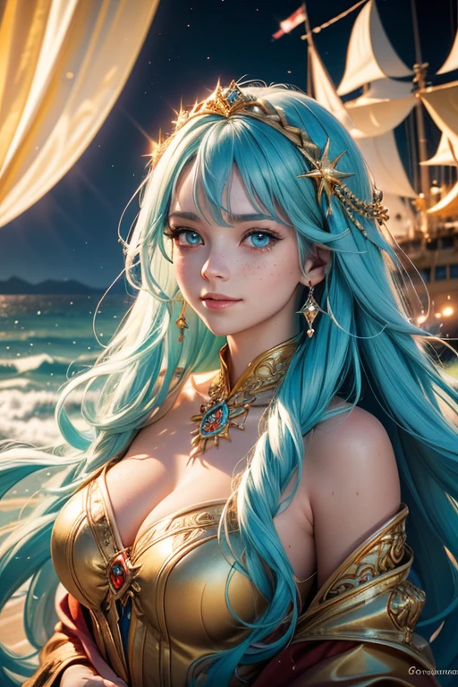 "queen of the sea with long pastel cyan hair smiling wearing red gold flowy robe on a ship twinkling light seascape background closeup full portrait" twinkling glittery | deep depth | HDR hyperrealistic perfect eyes | striking eyes realistic textures | epic realism | by WLOP freckles color corrected | dynamic lighting | ambient occlusion 3D digital photoillustration | professional photography | gorgeous intricate 64 megapixels | light dust | radiant | striking | polished (HDR)