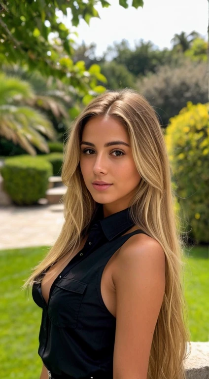 A 23-year-old blonde woman, ((pechos grandes)), ((hiperrealismo)) ,. blonde hair with light brown roots. cabello rubio, Hair with brown roots, cabello extra largo, cabello muy largo, really long hair, Beautiful, Front view, selfie, photo taken with iPhone, elegant black shirt with escote, escotada, selfie in the garden, high quality, selfie iPhone, cleavage