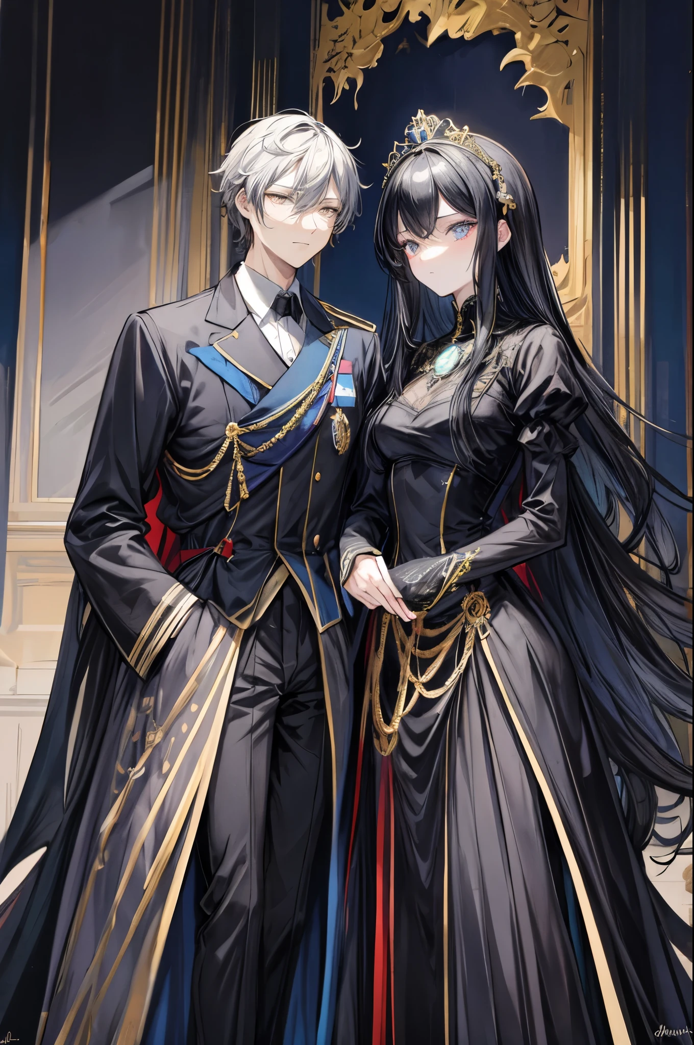 (flat color:1.1),(masterpiece:1.2), best quality, masterpiece, original, black silhouette figures of a royal man and woman