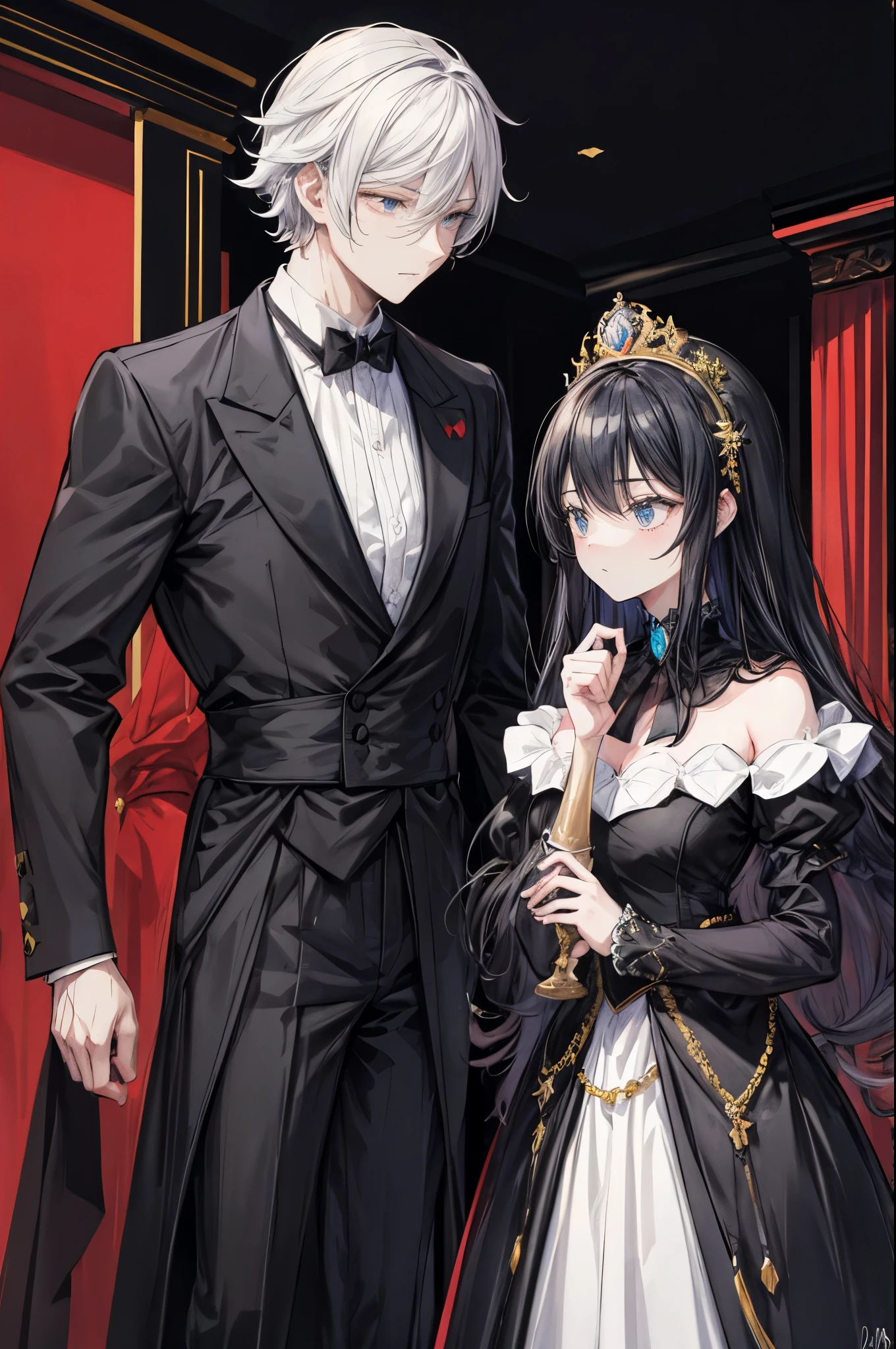 (flat color:1.1),(masterpiece:1.2), best quality, masterpiece, original, black silhouette figures of a royal man and woman