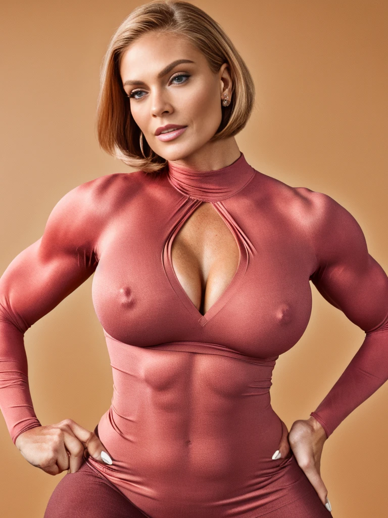 A heavily muscled iffb pro female bodybuilder, professional, (4k photo:1.1) by (Jeremy Lipking:0.3), (Dittmann Anna:0.3), (Arian Mark:0.3), (Sharp focus:1.3), high detail (front view), wearing (tight shirt:1.2), tight micro skirt, red, tighteautiful detailed face), (stylish bob haircut)1.2 blonde hair, (attractive 45yo woman:1.3), (seductive:1.1), (blushing:1.1), toned body, hourglass body shape, natural breasts, (wide hipraless) pokies, cleavage, full body with visible face