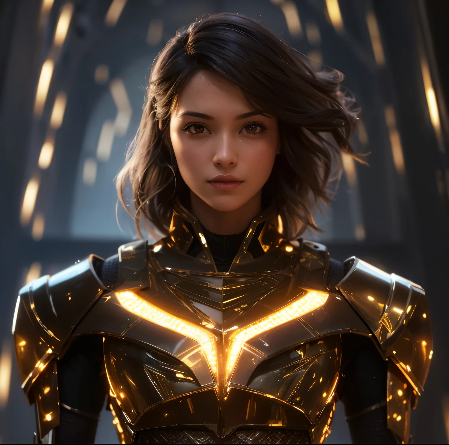 Superhero girl with short black hair (((golden hair highlights::1))) in sci-fi suit steel tatical armor
