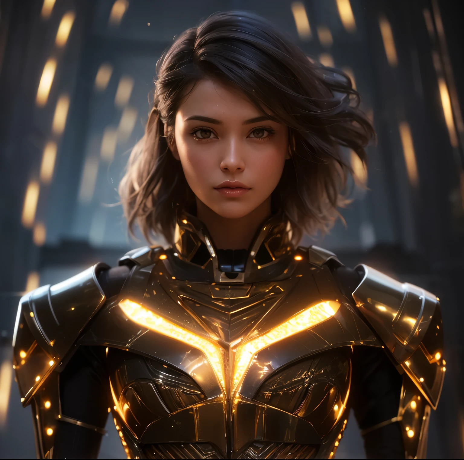 Superhero girl with short black hair (((golden hair highlights::1))) in sci-fi suit steel tatical armor