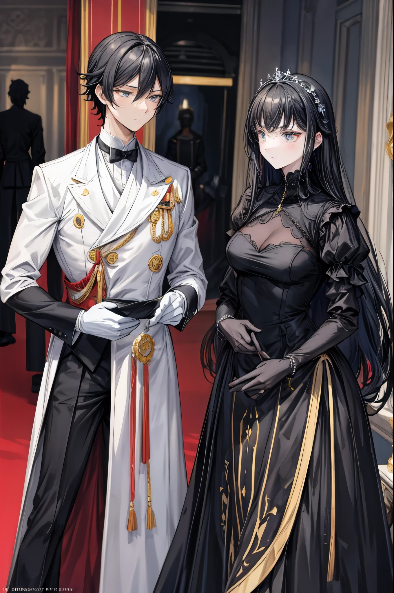 (flat color:1.1),(masterpiece:1.2), best quality, masterpiece, original, black silhouette figures of a royal man and woman