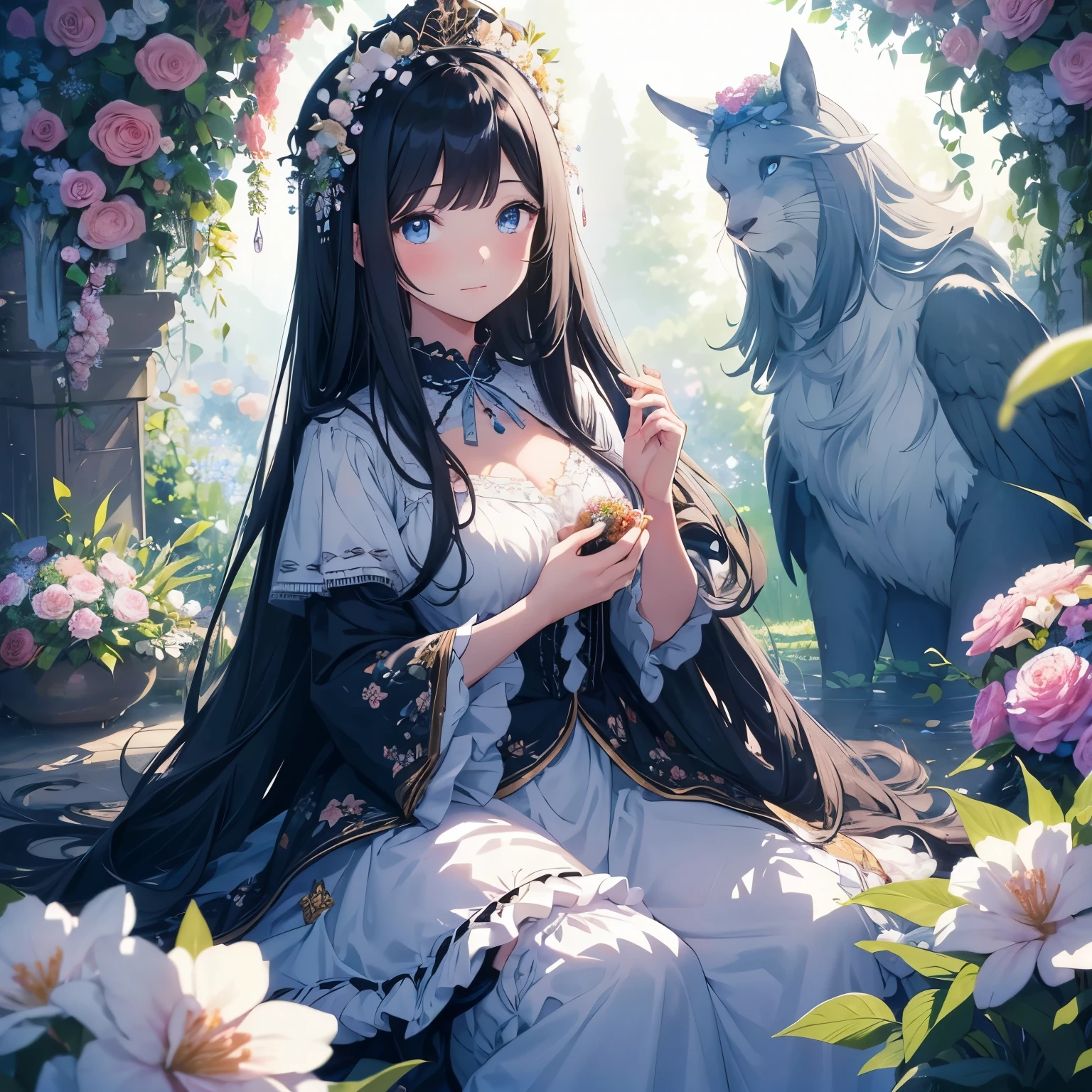 Create an illustration of a girl with long black hair and a floral crown, sparkling blue eyes, wearing a frilly dress. She is in a dreamy land full of flowers, surrounded by various animals, and is being blessed by them. The scene should have a beautiful and peaceful atmosphere, reflecting harmony with nature.