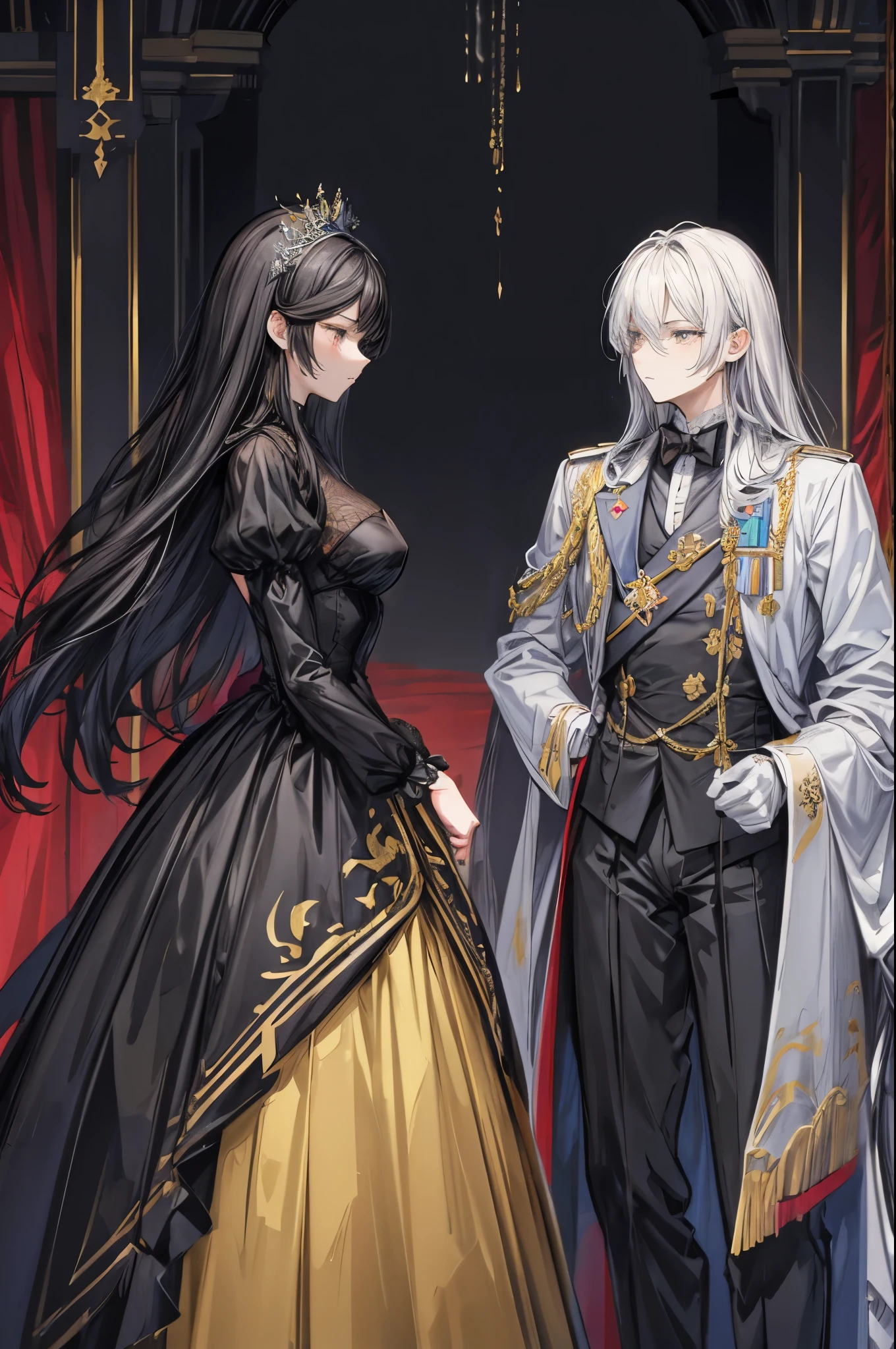 (flat color:1.1),(masterpiece:1.2), best quality, masterpiece, original, black silhouette figures of a royal man and woman