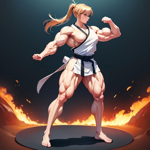 Asuna im Karate, Black belt karate gi, Barefoot, muscular physique, Asuna macht Bodybuilding, Huge muscular biceps, Breite, muscular shoulders, Bauchmuskeln, Abs, Her big muscles rip through her karate gi, Full body image, Meisterwerk, Highest details, high resolution