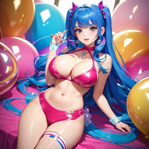 Pretty girl in room full of latex balloons. Pretty balloons crystal tones, colourful she loves balloons 