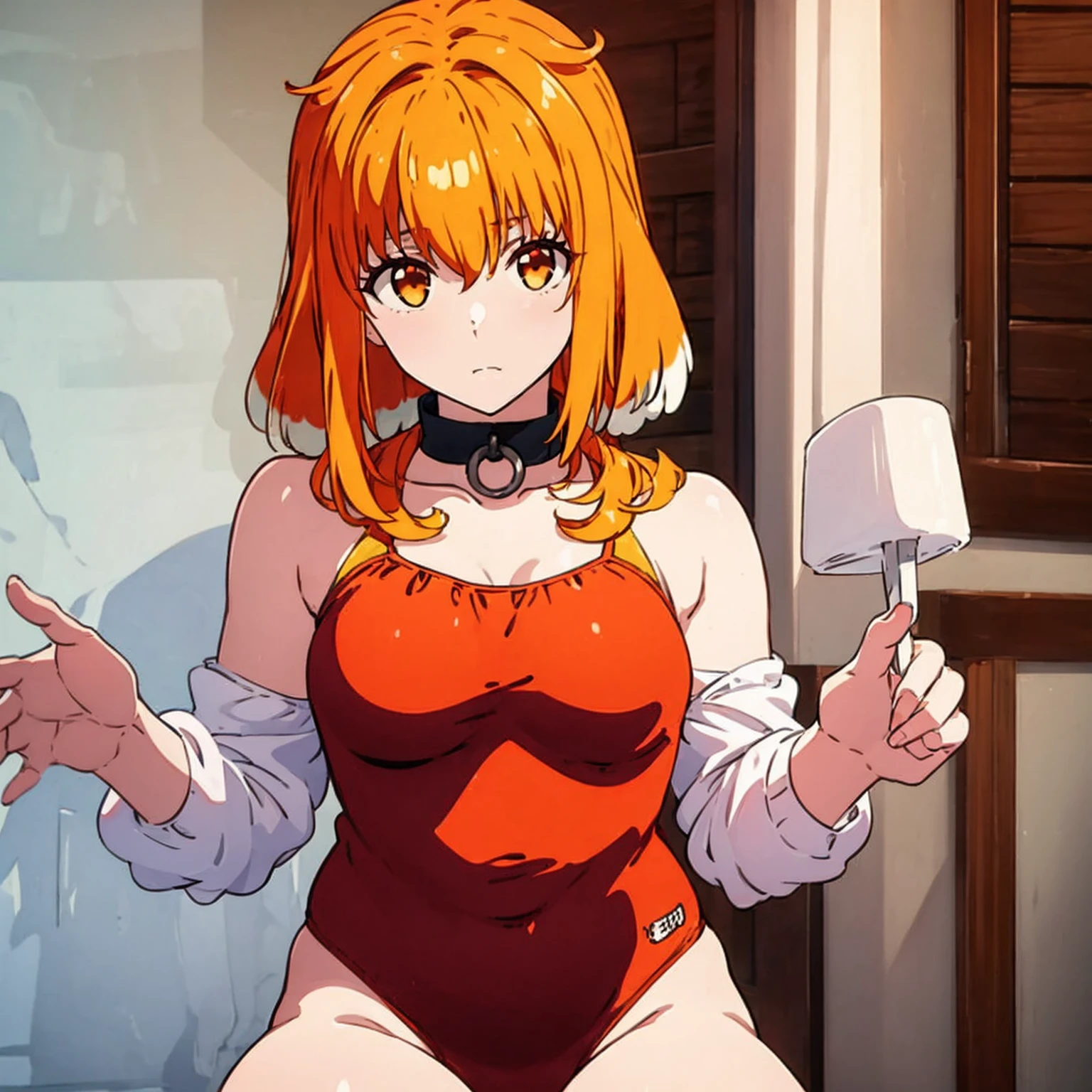 "Masterpiece, best quality, high quality, solo portrait, one girl wearing a vibrant orange swimsuit, with a striking orange hair color,"