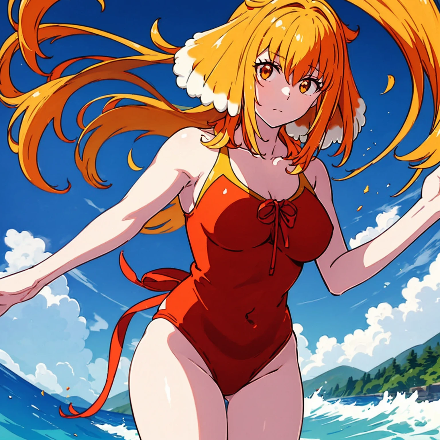 "Masterpiece, best quality, high quality, solo portrait, one girl wearing a vibrant orange swimsuit, with a striking orange hair color,"