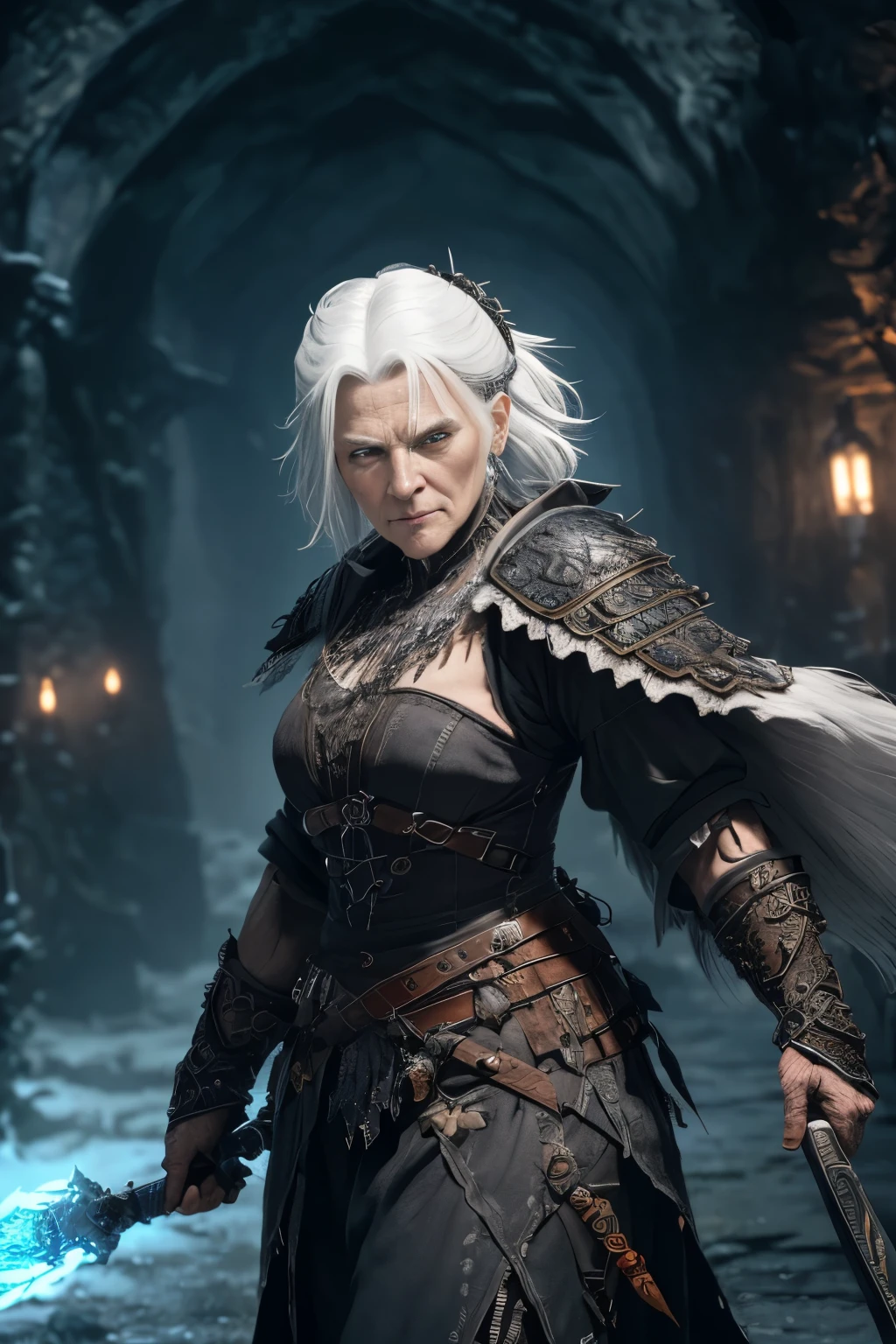 (extremely detailed 8k wallpaper), a medium photo of an old woman warrior with white hair from the necromancer Gerrary, intricate, with many details, dramatic
