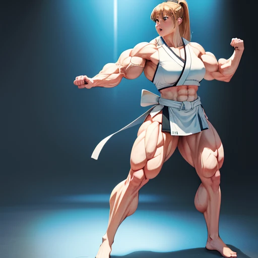 Lucy beim Karate, Black belt karate gi, Barefoot, muscular physique, lucy macht Bodybuilding, Huge muscular biceps, Breite, muscular shoulders, Bauchmuskeln, Abs, Her big muscles rip through her karate gi, Full body image, Meisterwerk, Highest details